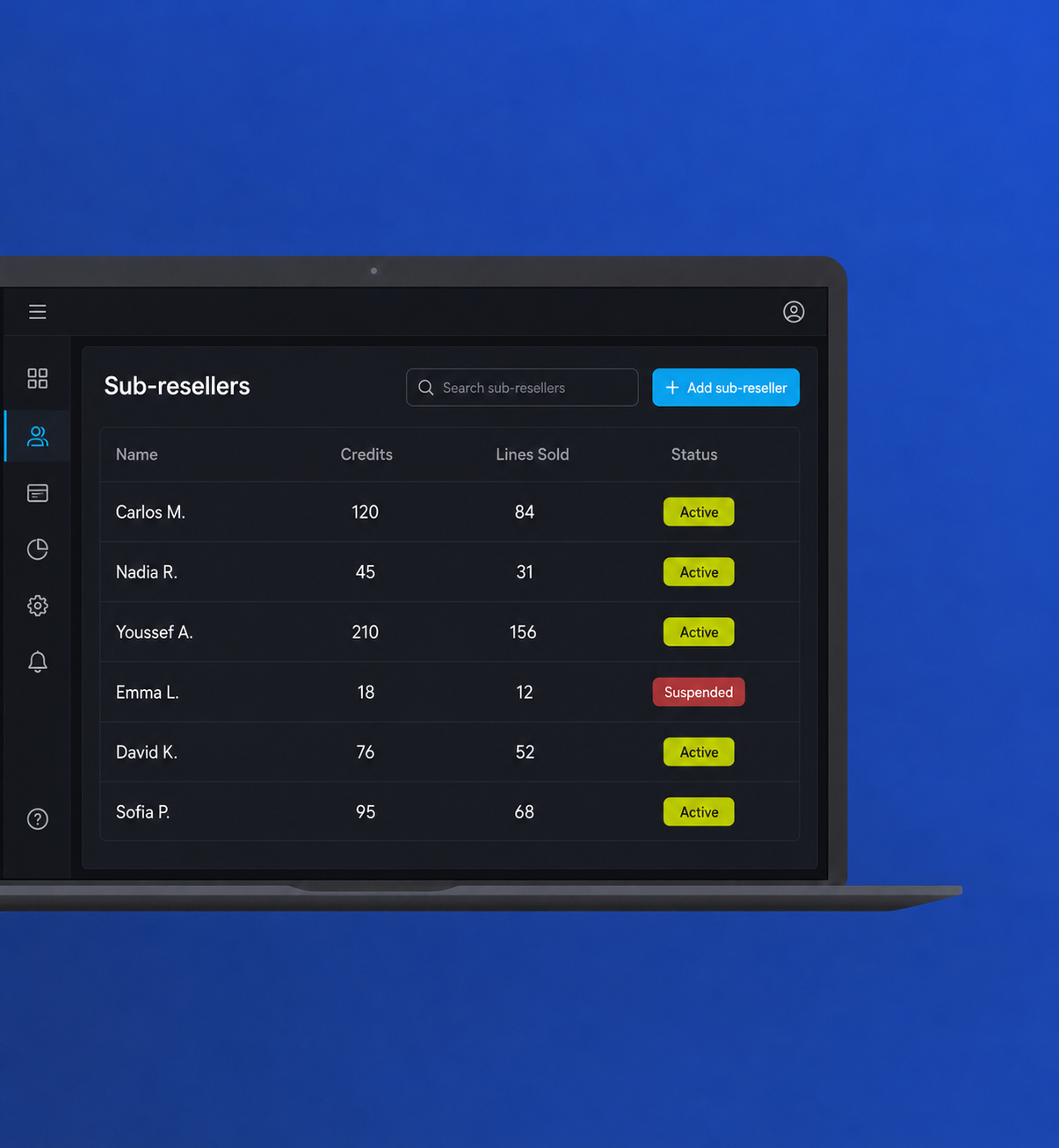 Sub-reseller management screen